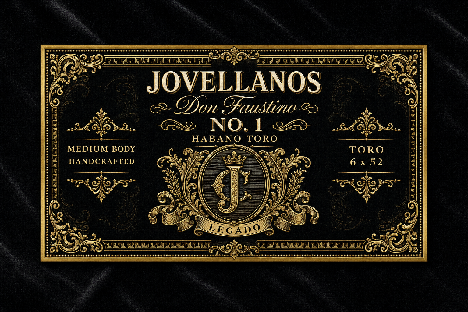 Jovellanos premium cigar band — Don Faustino No. 1 in antique gold on black