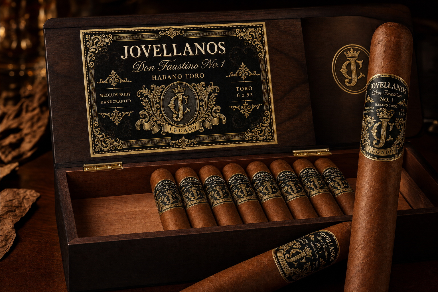 Open Jovellanos cigar box interior with Don Faustino No. 1 cigars and engraved crest