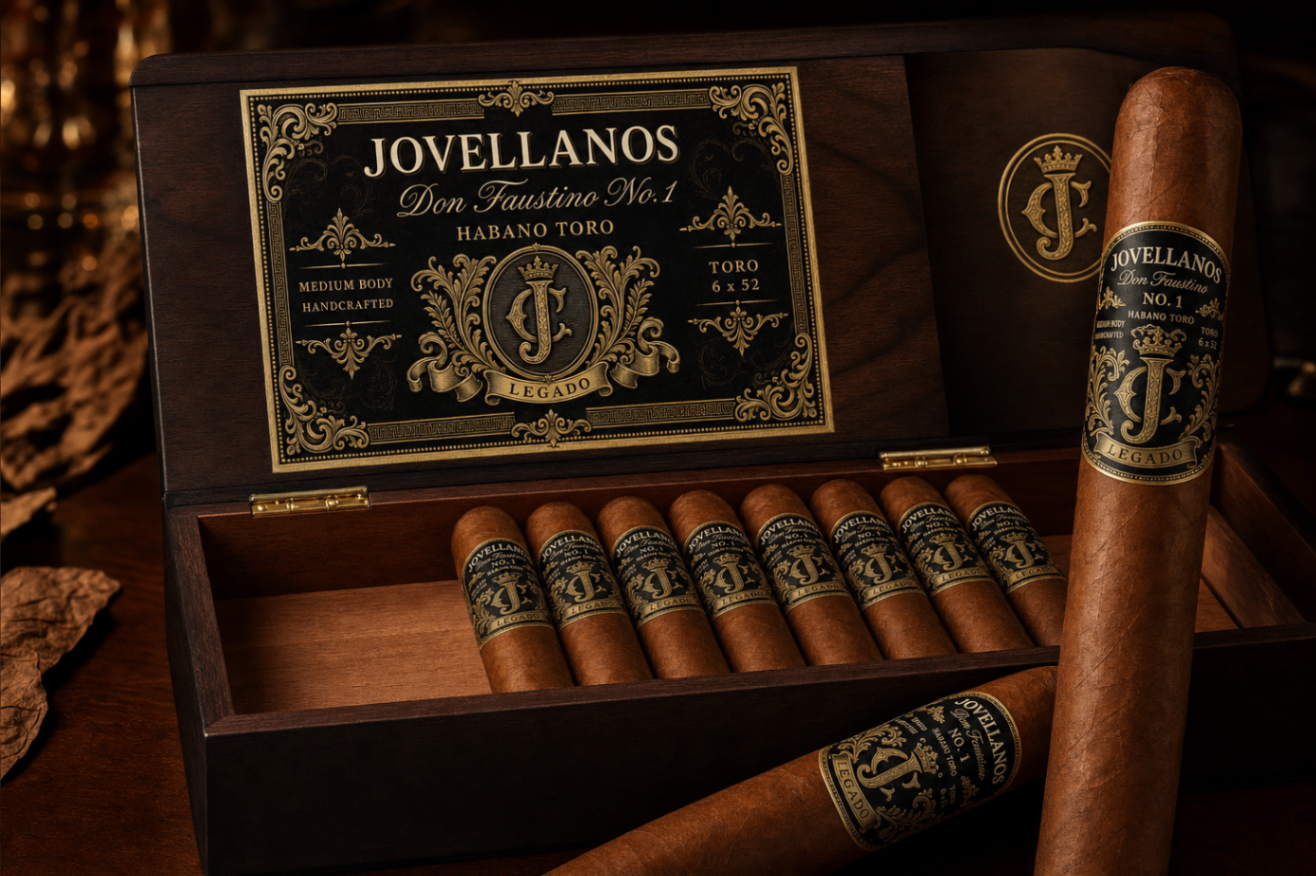 Don Faustino No. 1 premium cigar resting beside a vintage cedar humidor
