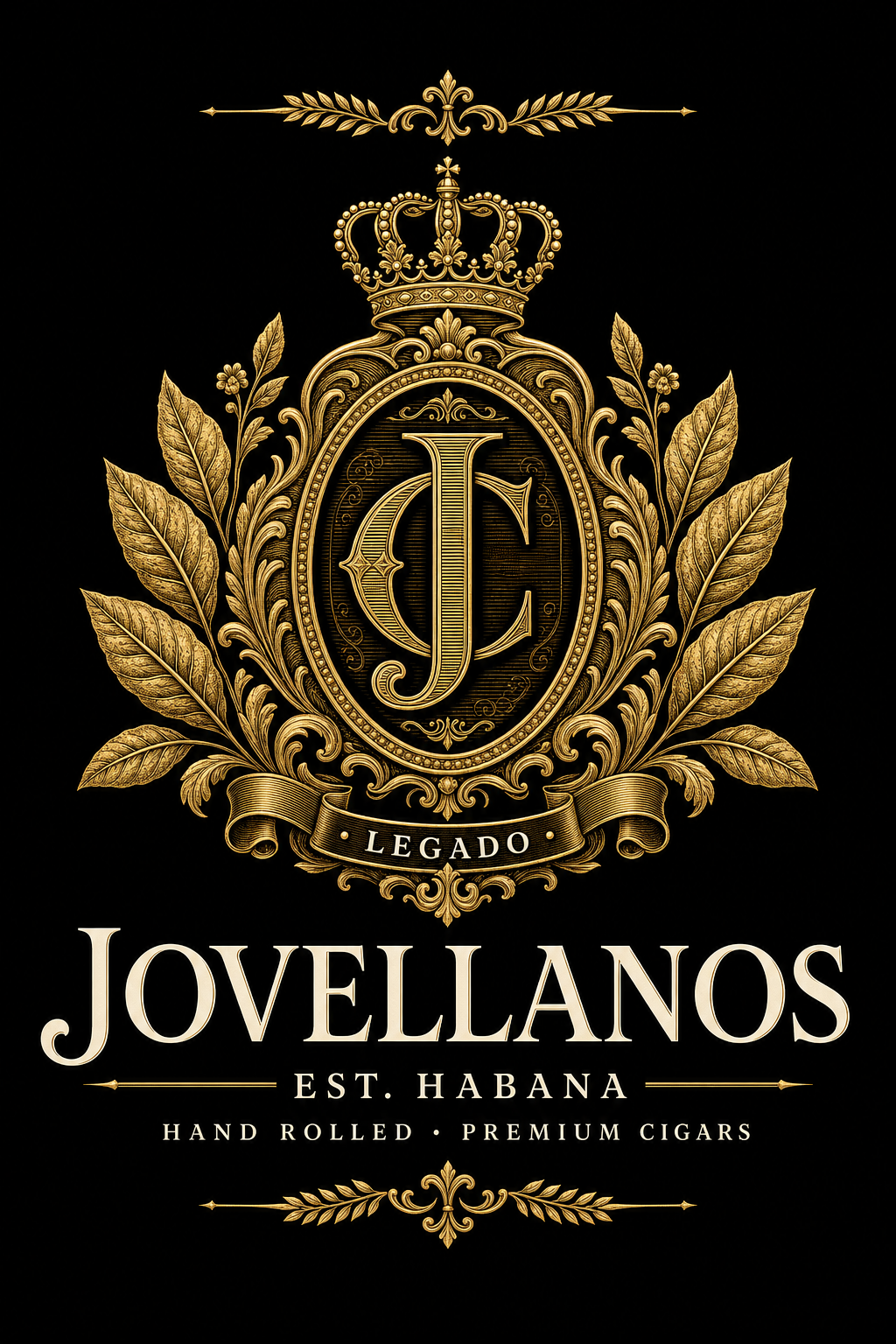 Jovellanos crest with crowned JC monogram, tobacco leaves, and Legado banner