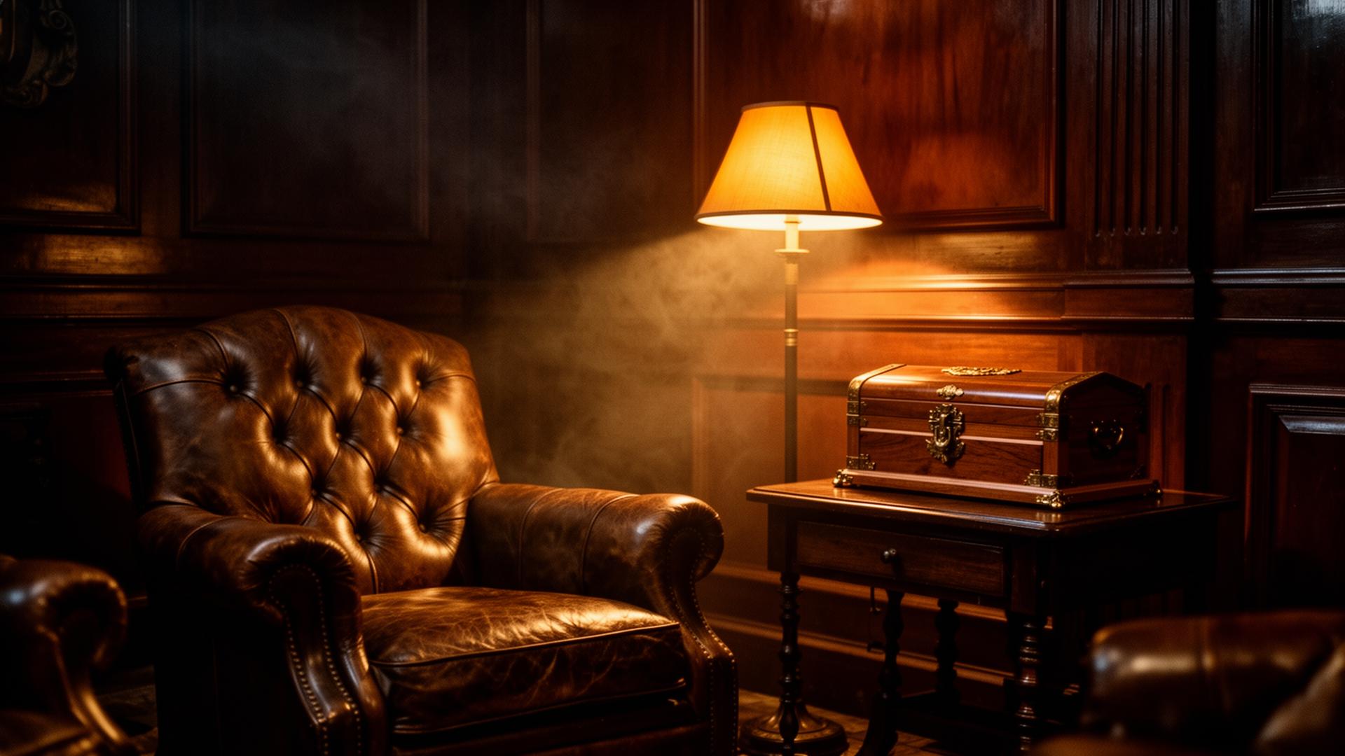 Vintage cigar lounge with leather chair and antique humidor